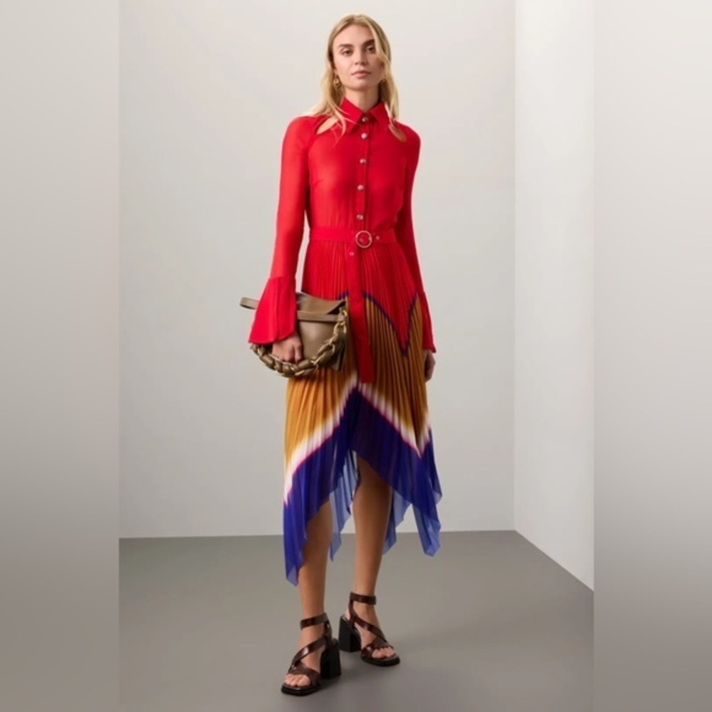 Red Long-Sleeve Midi Dress with Pleated Multicolor Hem